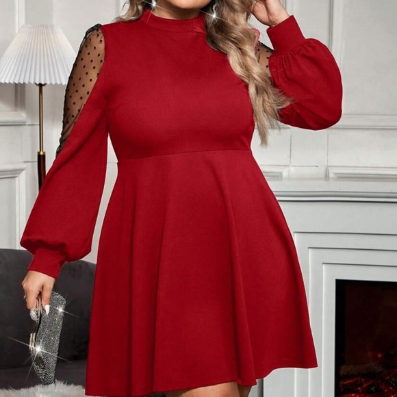 Plus Polka Dot Sheer Sleeve Evening Formal party Holiday Dress - Picture 5 of 10